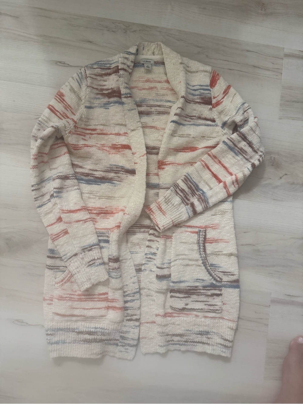 L.L. Bean Cream Open-Front Cardigan with Multi Stripe Accents